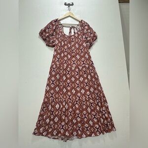 Knox Rose Rust Ikat Print Puff-Sleeve Maxi Dress Size Large